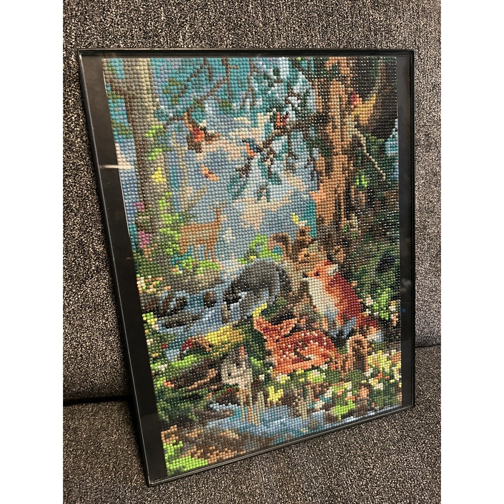 Beaded Diamond Painting Wall Hanging 14"x11 Sweet Forest Animals Black Framed - Picture 5 of 10